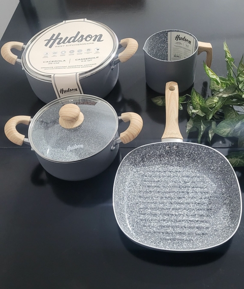 Set Hudson Ceramica Granito: Cacerolas/Ollas 26cm y 20cm + Bifera 26cm + Jarro 14cm (4 piezas)