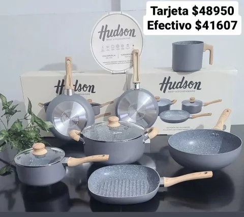 Set Hudson Ceramica Granito: Bateria + Wok 28cm + Bifera 26cm + Panquequera 22cm + Jarro 14cm (7 piezas)