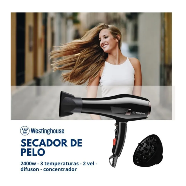 SECADOR DE PELO WESTINGHOUSE 2400w 3 PIEZAS FUNCION SHOT