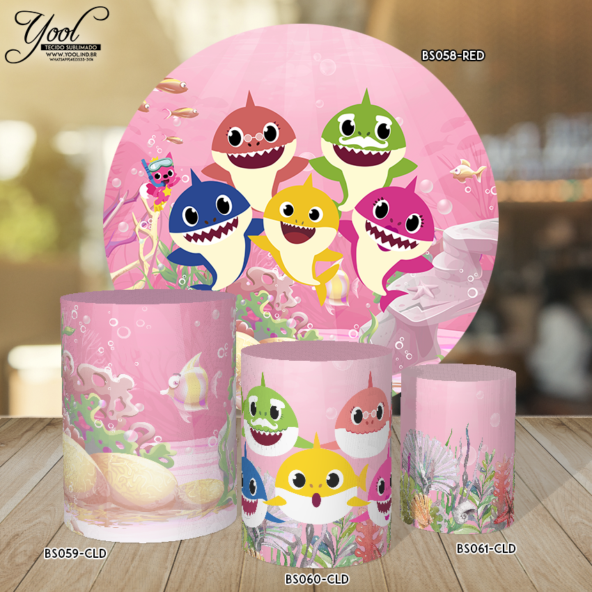 Kit Capas De Tecido Painel Cilindros Para Festa Tema Baby Shark Bs 057
