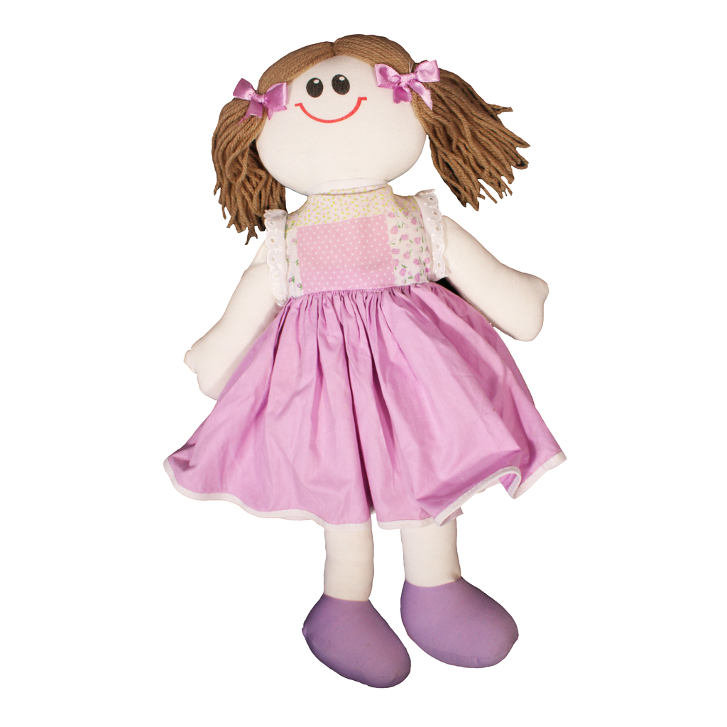 Boneca de pano Olívia com vestido lilás de corpete florido, saia rodada e  laços no cabelo (média) - Camicado