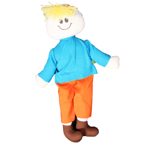 Boneco de pano Arteiro vestido para brincar com macacão laranja curto e  cabelo colorido