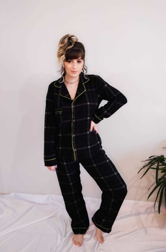 pijama camisa inverno xadrez preto/verde algodão grosso