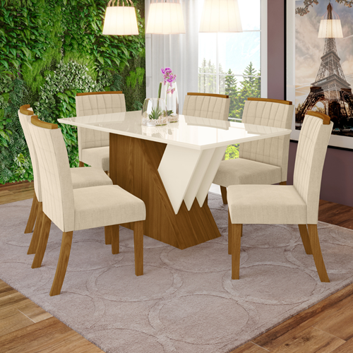 MESA EPIC 1.60M NATURE/OFF WHITE COM VIDRO HENN COM 06 CADEIRAS VITA NATURE  LINHO