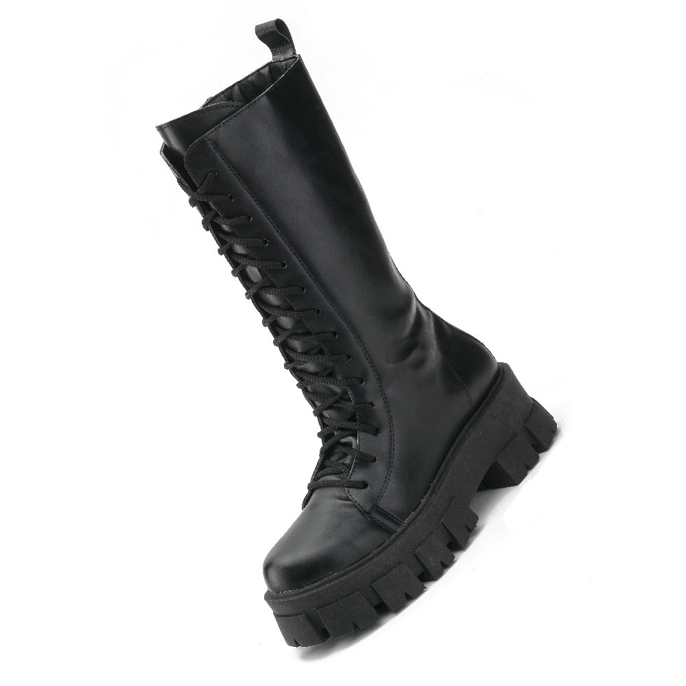 Botas Largas Mujer Borcego Acordonado Cierre Caña Alta negras