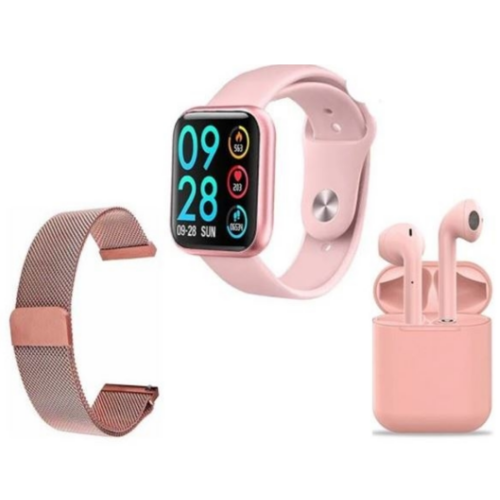 smartwatch preto com pulseira rose