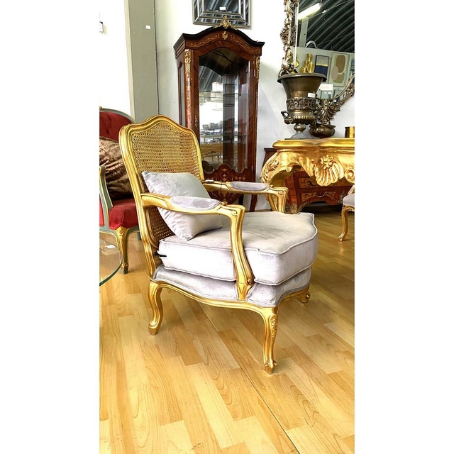 Poltrona Cadeira de Braço Folha Ouro Classica Palhinha Alta Decoração