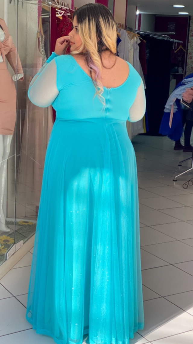 Vestido Carol Longo Azul Tiffany Manga Longa