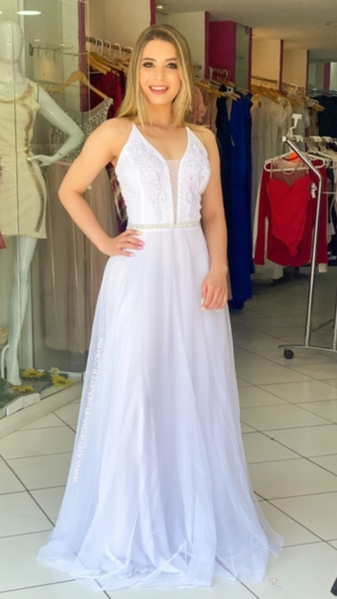 Vestido longo branco noiva com decote e cinto de strass Giovanna