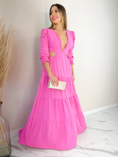 Vestido Feminino Longo De Manga 3/4 Com Abertura Lateral Na Cintura