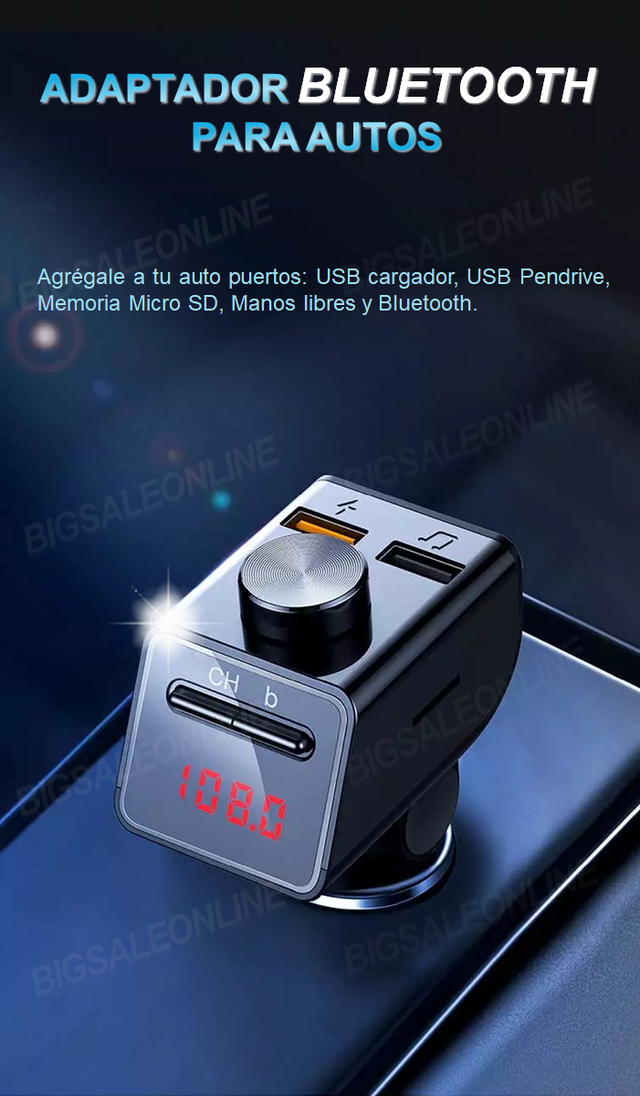 Adaptador Bluetooth para Auto con USB Cargador Pendrive y Manos Libre