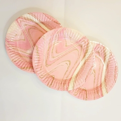 PLATOS ROSA MARMOLADO CON DORADO