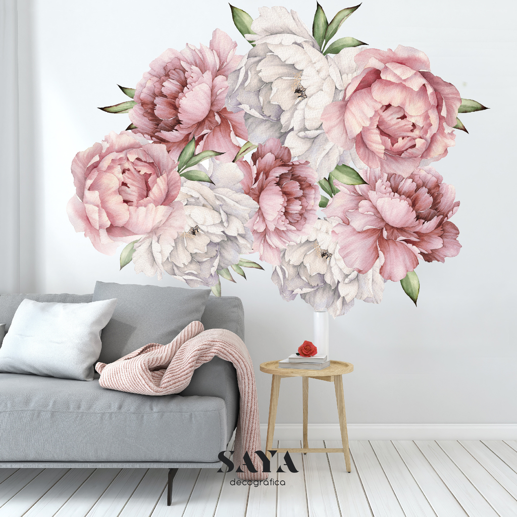 Vinilo decorativo peonias rosas y blanca