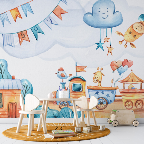 Papel de Parede Infantil Folhas e Cogumelos em Aquarela