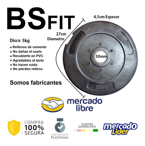Kit Set 24kg Bsfit Discos Lisos Pesas + Barra +2 Mancuernas
