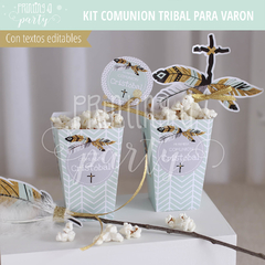 fiesta comunión varón boho rústica plumas