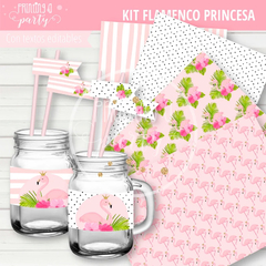 Kit Imprimible Flamencos Princesas Tarjeta + Decoración + Etiquetas Candy Bar