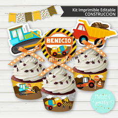 kit imprimible construcción varón fiesta decoración tractor grúa candy bar