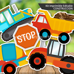 kit imprimible construcción varón fiesta decoración tractor grúa candy bar
