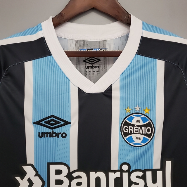 Camisa Grêmio Home 21/22 Manga Longa s/n° Torcedor Umbro Masculina -  Azul+Preto