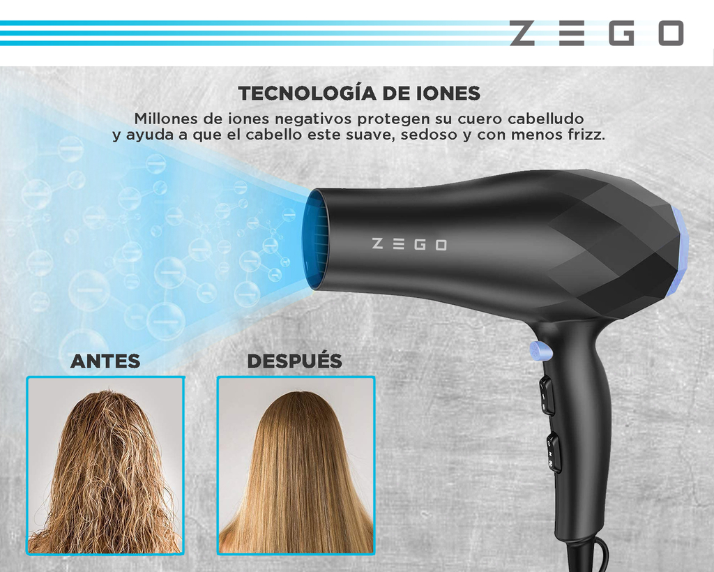 Secador De Pelo Zego Profesional Iones Boton De Frio 2200w ZBS2200