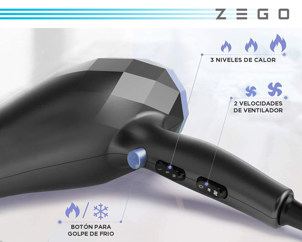 Secador De Pelo Zego Profesional Iones Boton De Frio 2200w ZBS2200