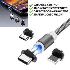 Cabo USB Magnético Com 3 Conectores Removíveis Corda Nylon 3.1A - comprar online