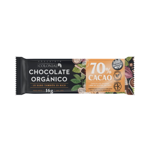 Chocolate orgánico 70% cacao x16gr