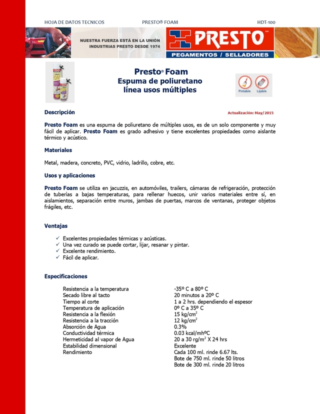 Presto Foam Aislante Termico Y Acustico Bote 750ml