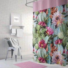 Cortina de Baño ~ Diseño Cactus y Flores ~ Rosa