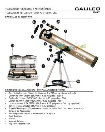 Telescopio Reflector 700x76 Aumento 525x Con Tripode Galileo