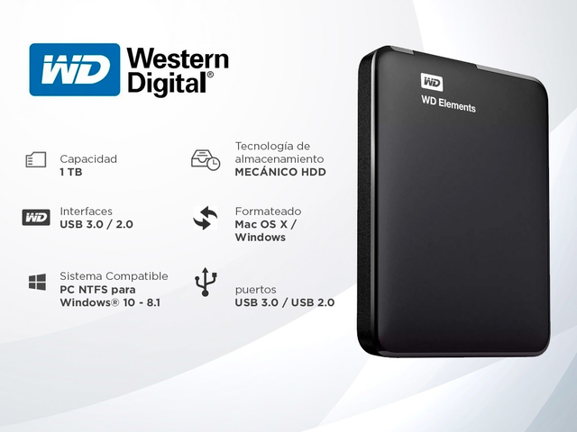 Disco Externo Western Digital 1tb USB 3.0 Elements HDD Portátil - MundoChip