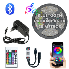 Kit Fita Led 20 Metros Bluetooth RGB 5050 Colorida Prova d'àgua + Controle Infra-Vermelho + Fonte Bivolt