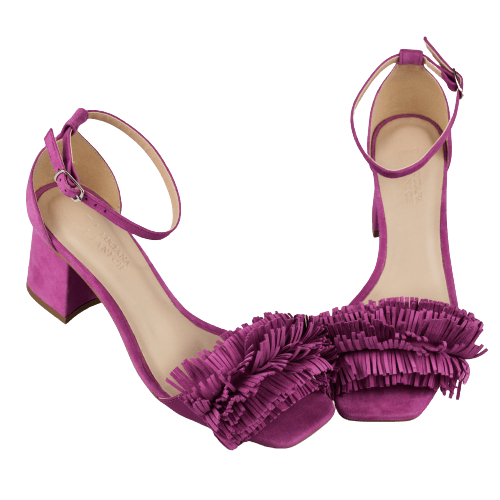 Sandália Rosa Camurça Franjas Salto 6cm Fecho Lateral Bico Quadrado Lj  Luciana Janich 19329189200