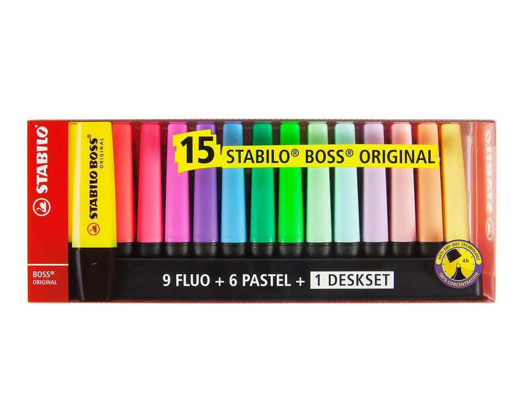 Kit Marca-Texto Stabilo Boss - 15 cores Neon e Pastel - Original