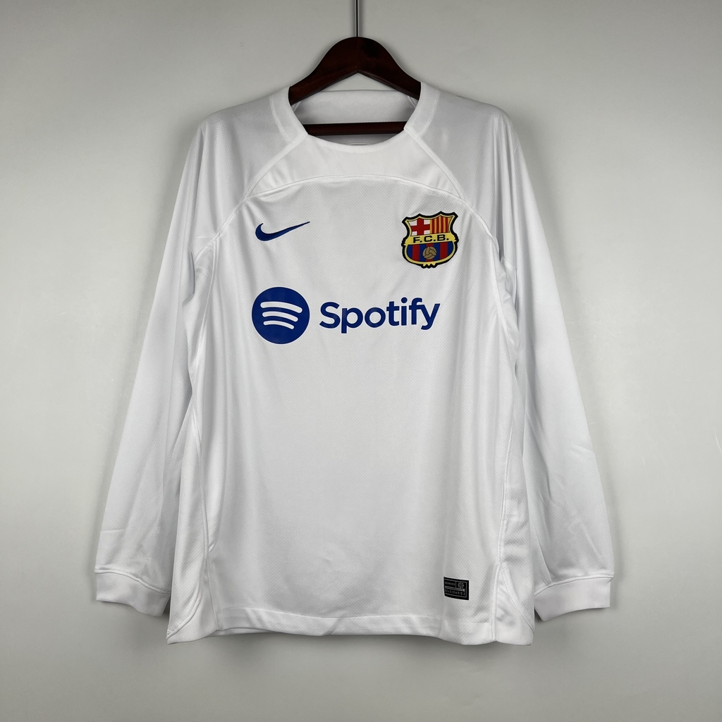 Camisa Barcelona 2023 Manga Longa Masculina - Branca