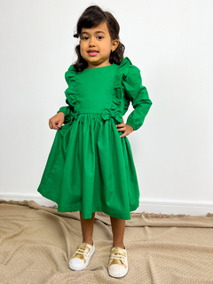 Vestido infantil menina manga longa verde com babados e laço