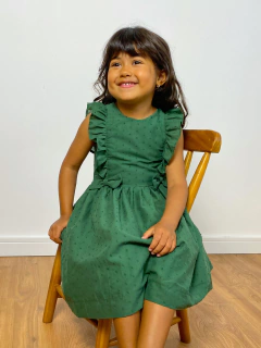 Vestido infantil menina verde escuro bordado pipoca bolinhas com babados e  laço Tam 6 meses a 6 anos