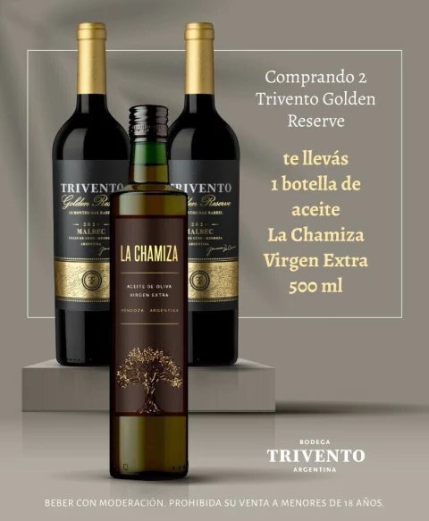 Promo 2 TRIVENTO Golden Reserve Malbec 2020 + 1 Aceite de Oliva LA CHAMIZA x 500ml
