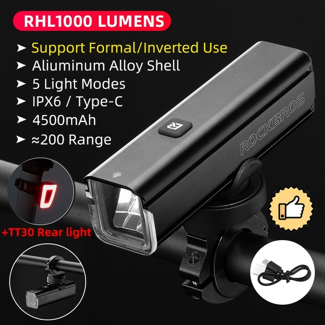 ROCKBROS Bicycle Light 1000Lumen 4800mAh Bike Headlight Power Bank  Flashlight Handlebar USB Charging MTB Road Cycling Highlight