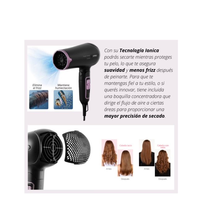 Secador De Pelo Atma 2200w SP8935N Plegable Viaje Ionic Ion