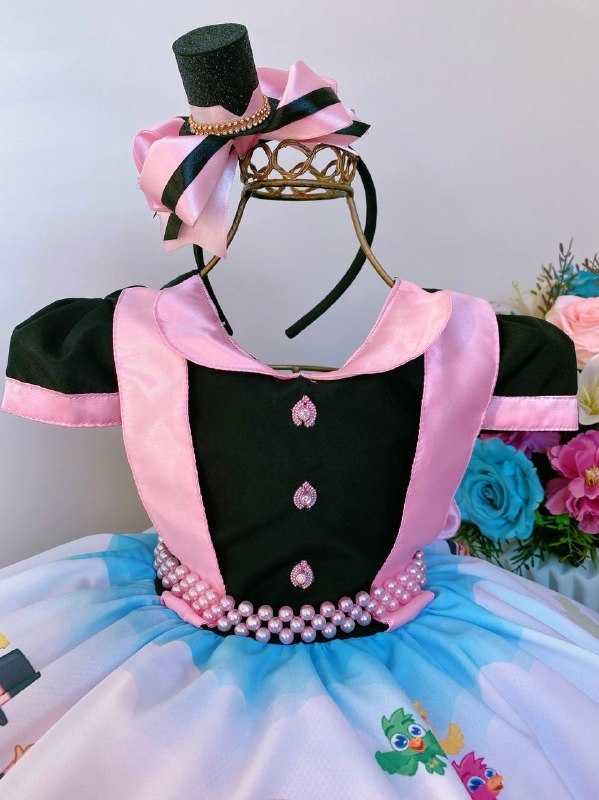 VESTIDO INFANTIL MUNDO BITA SUPER LUXO ROSA GOLA E PÉROLAS