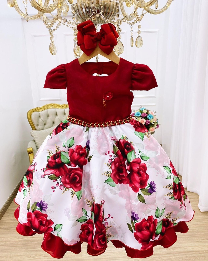 VESTIDO VERMELHO MARSALA APLIQUE FLOR ROSAS E CINTO PÉROLAS