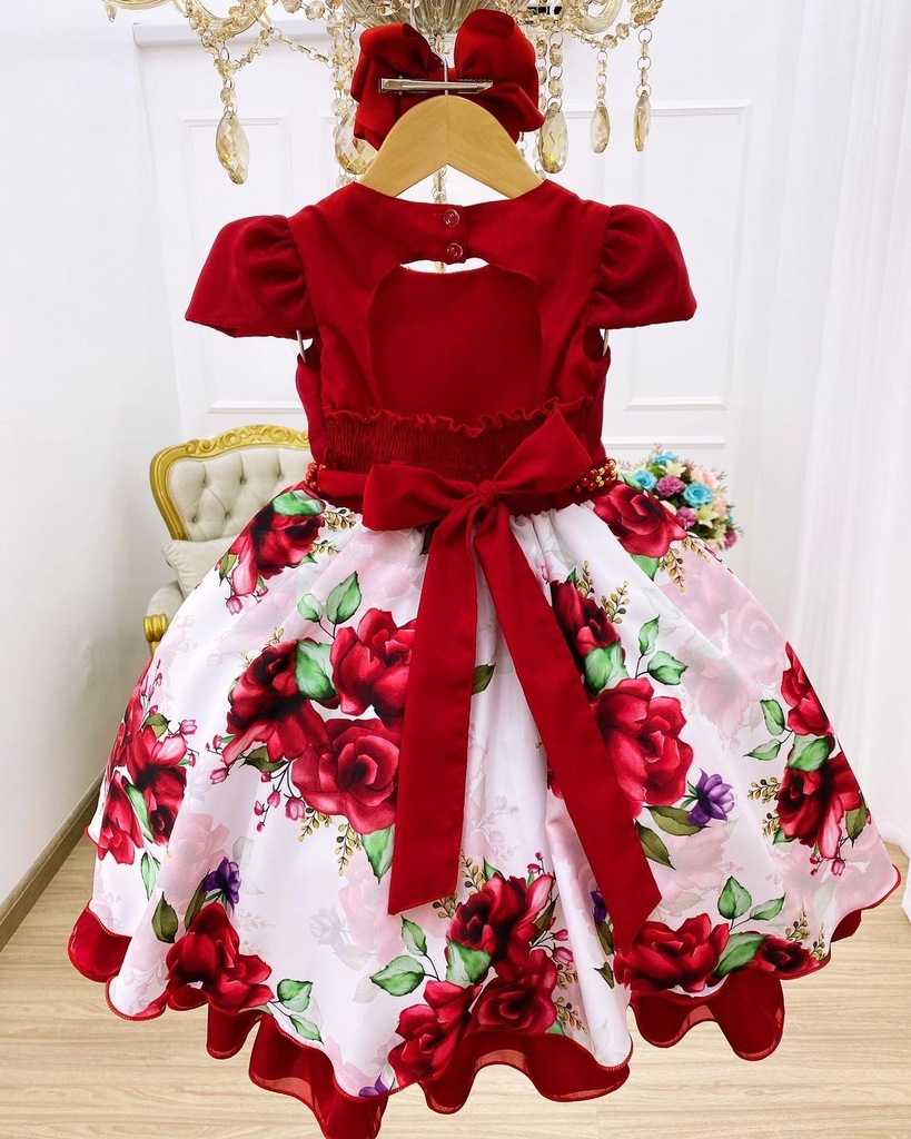 VESTIDO VERMELHO MARSALA APLIQUE FLOR ROSAS E CINTO PÉROLAS