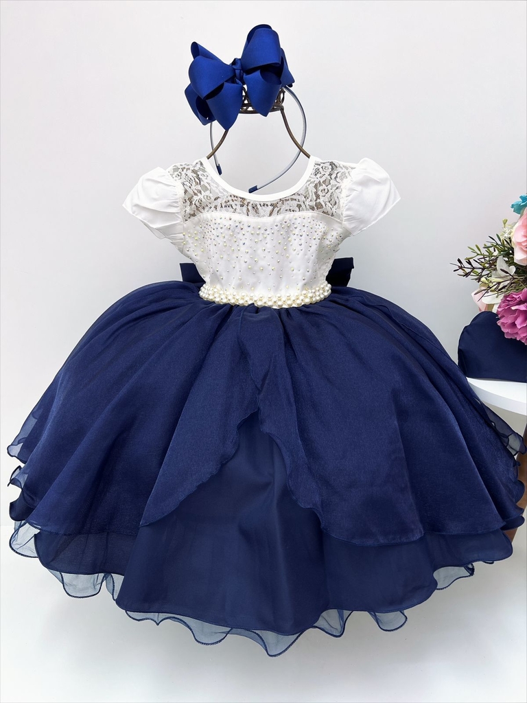 VESTIDO INFANTIL AZUL MARINHO E OFF LUXO FESTAS PRINCESAS