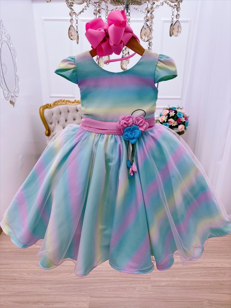 Vestido de Festa Infantil Fantasia Florzinhas Tule e Cetim Candy Colors  Euro Baby na EuroBabyKids