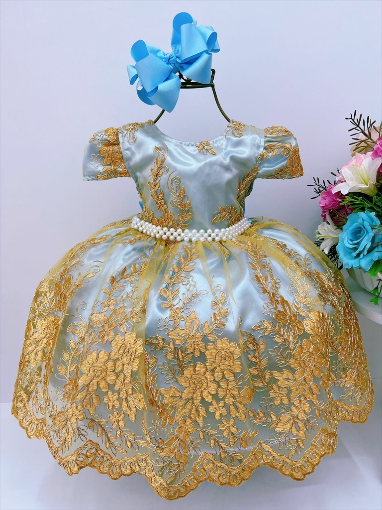 VESTIDO INFANTIL AZUL BEBÊ RENDA DOURADA REALEZA PRINCESA VESTIDO INFANTIL AZUL BEBÊ RENDA DOURADA REALEZA PRINCESA