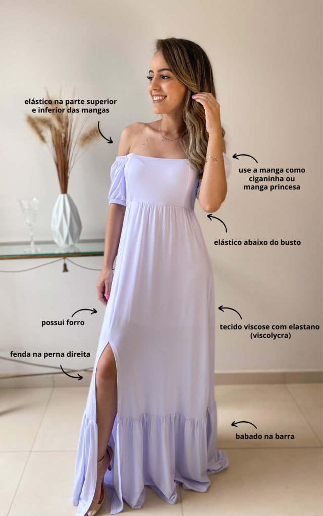 vestido longo lilas lavanda ciganinha lastex com fenda saia 3 marias - BY  LANA