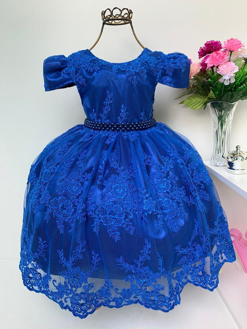 Vestido Infantil Azul Royal Renda Realeza Luxo Festas Vestido Infantil Azul Royal Renda Realeza Luxo Festas