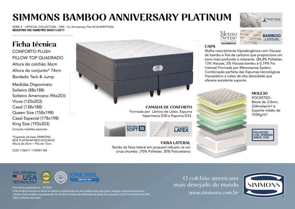 Colchão Simmons Platinum Bamboo Anniversary - Tamanho Viúva - Shop Colchões